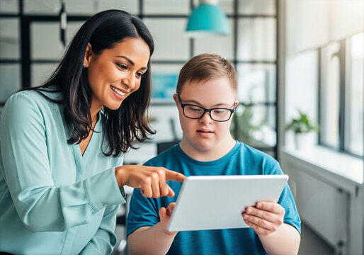 Smiling Down syndrome coworkers collaborating on tablet in bright modern office, mentoring and teamwork