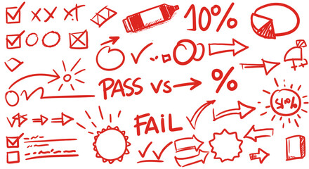 Hand-Drawn Red Doodle Elements Illustrating Pass, Fail, and Percentage Concepts