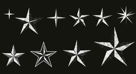 Obraz premium Variety of distressed stars on black background showcasing diverse shapes and textures