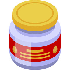 Isometric icon of a jar with a gold lid and red label on a transparent background illustrating a product or ingredient in 3D perspective flat design
