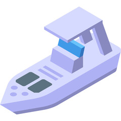 Isometric illustration of a modern light purple speedboat with a blue windshield and grey deck accents on a white background depicting a clean nautical design.