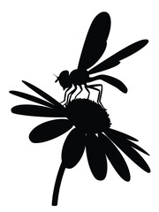 Silhouette of a dragonfly resting on a daisy flower