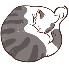Stylized Illustration of a Tabby Cat Curled Up Sleeping on a Transparent Background