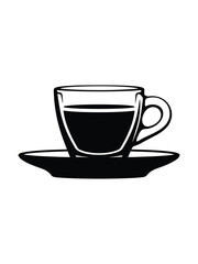 Simple black and white illustration of a coffee cup and saucer