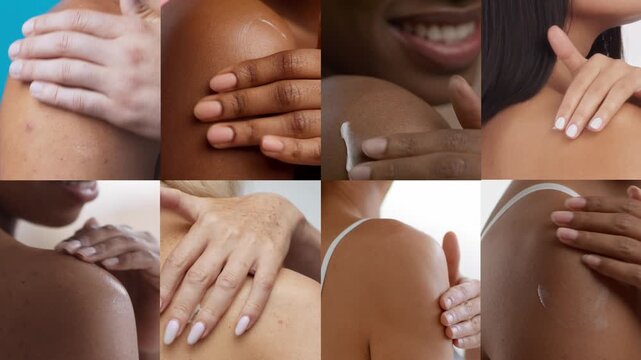 Various women are seen applying moisturizing lotions on their arms and shoulders in a cozy setting. This highlights their self care routines focused on beauty and pampering at home.