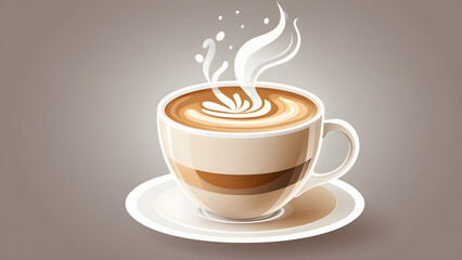 Elegant Vector Drawing of a Steaming Latte Cup with Detailed Creamy Art and Foam