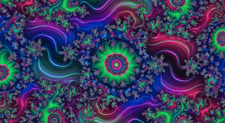 Illustration of vibrant psychedelic fractal pattern with swirling neon colors and intricate details, abstract digital art