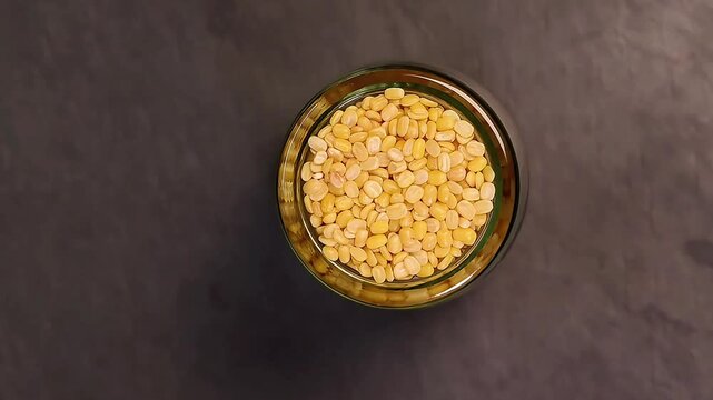 Top down flat lay view of small yellow mung dal in mini glass jar on dark black slate background