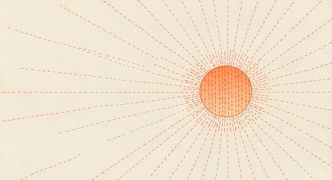 Illustration of abstract sunburst pattern with radiating lines and a central orange circle on a textured offwhite background, evoking warmth and energy