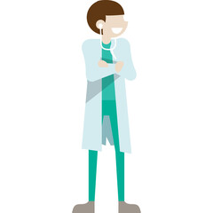 Stylized Full Body Illustration of a Smiling Doctor in a Light Blue Lab Coat and Teal Scrub Suit Standing with Arms Crossed on Transparent Background