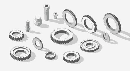 A detailed illustration showcasing various mechanical gears, bolts, and washers, all in a grayscale arrangement.