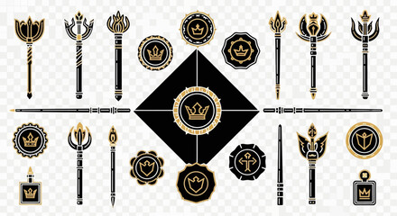 Collection of royal symbols and emblems in black and gold color scheme.