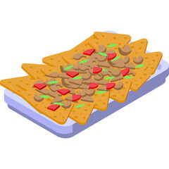Isometric Nachos Platter With Toppings A Delicious Appetizer Set On A Rectangular Plate With A Blue Border And A White Background