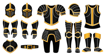 A complete set of black and gold fantasy knight armor components isolated on a white background.