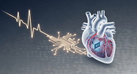 Anatomical illustration of a human heart with a microchip embedded, connected to a digital electrocardiogram waveform.