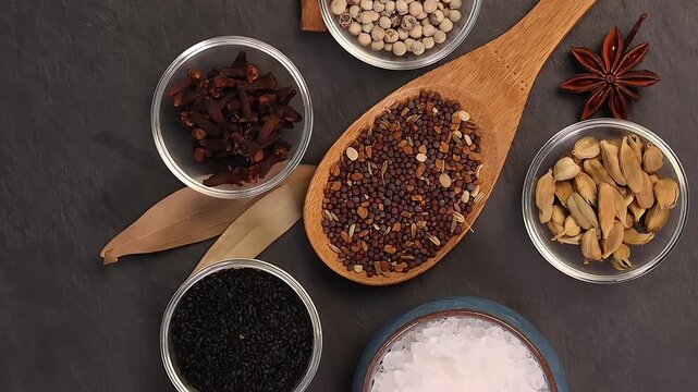 Overhead shot showcases colourful array of spices herbs on a wooden spoon pach phoron clove cardamom black seed salt pepper table spread of on dark black slate board