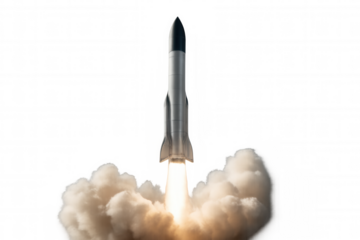 Rocket launching with powerful engine flame and smoke on a transparent background, symbolizing progress and innovation