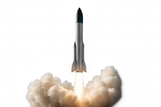 Rocket launching with powerful engine flame and smoke on a transparent background, symbolizing progress and innovation