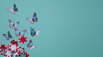 Abstract Butterflies flying above casino chips symbolizing gambling rehab recovery.
