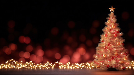 Decorated Christmas tree with golden lights and red ornaments on dark background celebrating festive holiday season.