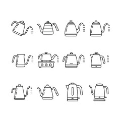 Various teapots and kettles depicted in a minimalist line art style, showcasing different designs for brewing hot beverages in a modern kitchen setting.