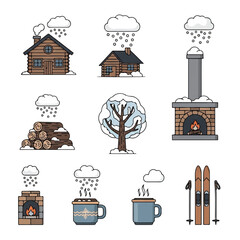 Cozy winter cabin scene depicts snowy landscape with firewood, fireplace, hot drinks, and skis, evoking a warm and inviting atmosphere.