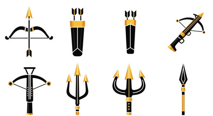 A collection of ancient and medieval weapons in a black and gold vector style, including bows, crossbows, tridents, and spears.