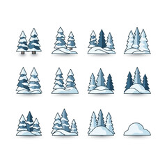 Snowy pine trees stand in winter landscape covered with fresh snow, creating a serene and peaceful winter scene.