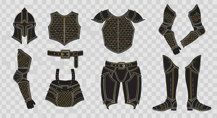 Illustration of a set of medieval armor pieces on a transparent background.