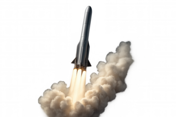 Rocket launching, powerful engines igniting with fire and smoke, ascending into space, transparent background