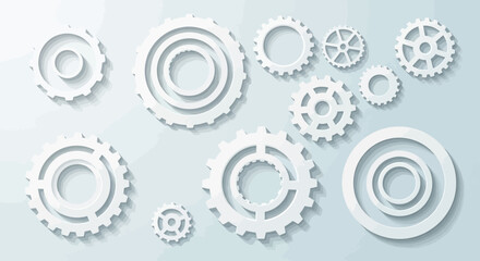 A collection of white gears of various sizes arranged on a light blue background, creating a mechanical or industrial aesthetic.