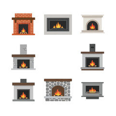 Various fireplaces display burning flames in cozy living rooms, creating warm and inviting atmosphere for relaxation and comfort.