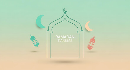 Ramadan Kareem Pastel Minimalist Wallpaper &mdash; Modern Flat-Style Mosque Arch, Soft Mint and Beige Gradient with Floating Crescent and Lantern Icons