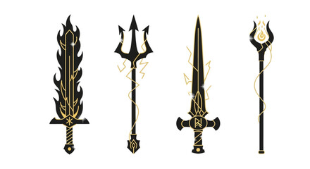 Four stylized weapons, including a flaming sword, trident, another sword, and a staff.