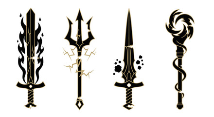 Four fantasy weapons: flaming sword, trident, sword with orbs, and a staff with a snake.