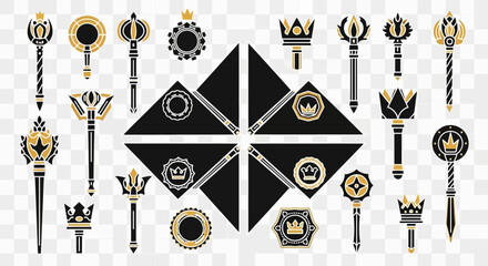 A collection of stylized royal scepters, crowns, and emblems in a black and gold graphic design.