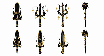Collection of eight black and gold weapon illustrations on a white background.