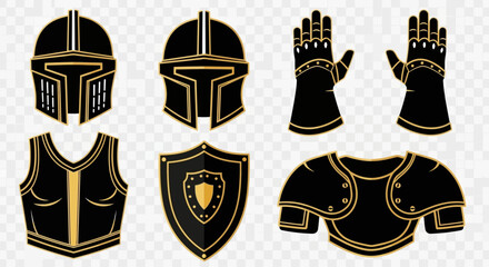 Set of black and gold medieval knight armor pieces including helmets, shield, chest plate, gauntlets, and shoulder pads.