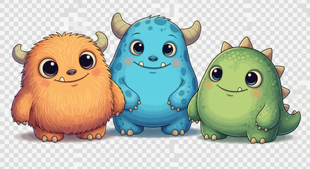 Three cute, colorful, and friendly cartoon monsters standing together on a transparent background.