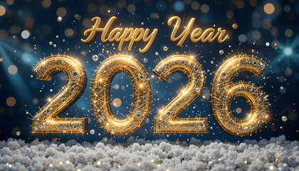 Golden 2026 numbers with Happy Year text and bokeh lights image