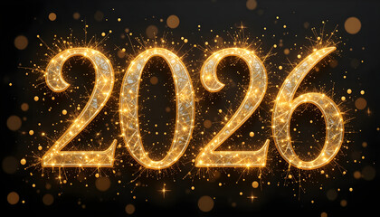 Golden 2026 numbers with sparkling fireworks and bokeh year