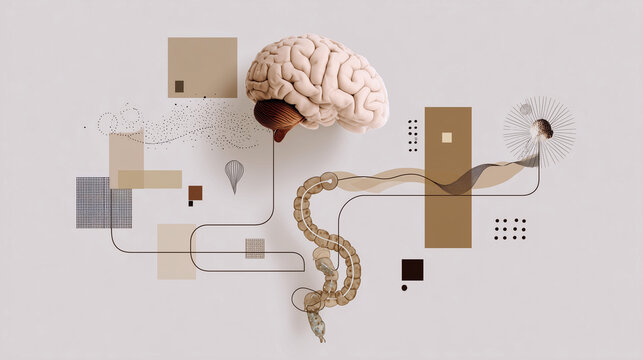 3D brain and gut connection with abstract elements
