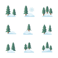 Fototapeta premium Evergreen trees stand nestled in snowdrifts, creating a serene winter scene with a minimalist aesthetic, evoking a sense of peaceful solitude.