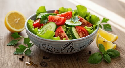 Fresh salad with tomatoes, cucumbers, and lettuce isolated on white background, served with a lemon wedge, basil, and parsley on a wooden table for a light meal