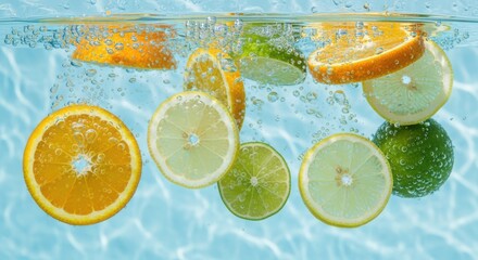 Slices of orange, lemon, and lime floating in water, creating a refreshing and vibrant image, with bubbles adding to the sense of movement and freshness