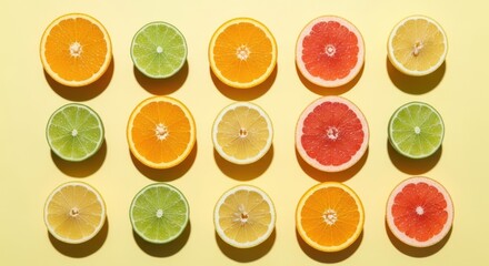 Overhead shot of citrus fruit slices isolated on yellow background, including oranges, limes, lemons, and grapefruits, arranged in a neat and colorful pattern