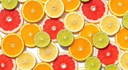 A vibrant display of citrus fruits isolated on white background, featuring grapefruit, oranges, lemons, and limes, showcasing their bright colors and textures