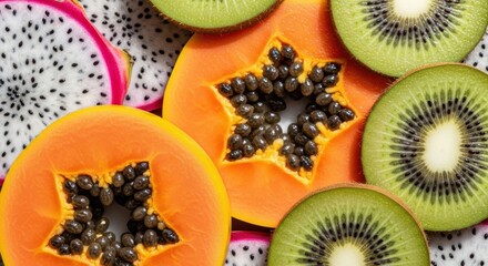 Closeup of exotic fruits isolated on white background, featuring dragon fruit, kiwi, and papaya, showcasing their vibrant colors and unique textures in detail
