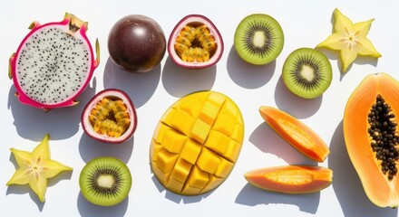Exotic fruits isolated on white background, including dragon fruit, passion fruit, kiwi, star fruit, mango, and papaya, showcasing their unique shapes and colors