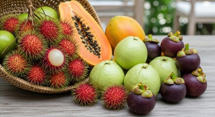 A basket filled with exotic fruits, including rambutan, papaya, guava, and mangosteen, creating a colorful and enticing display of tropical flavors